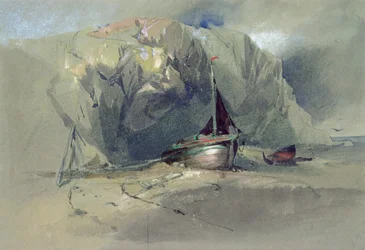 A Fishing Smack and a Small Boat drawn up on the Shore Beneath a Rocky Cliff